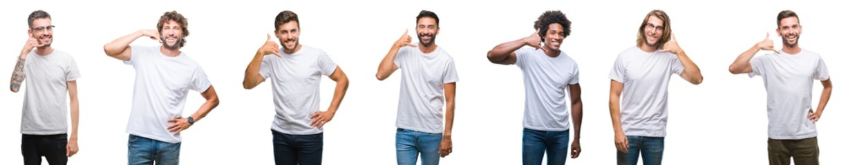 Collage of young caucasian, hispanic, afro men wearing white t-shirt over white isolated background smiling doing phone gesture with hand and fingers like talking on the telephone.