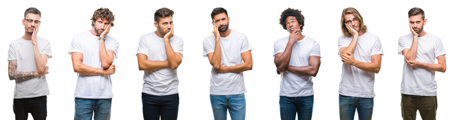 Collage of young caucasian, hispanic, afro men wearing white t-shirt over white isolated background thinking looking tired and bored with depression problems with crossed arms.