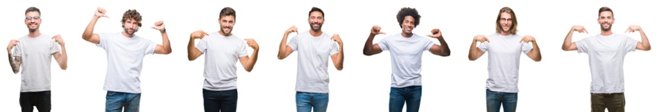 Collage of young caucasian, hispanic, afro men wearing white t-shirt over white isolated background looking confident with smile on face, pointing oneself with fingers proud and happy.