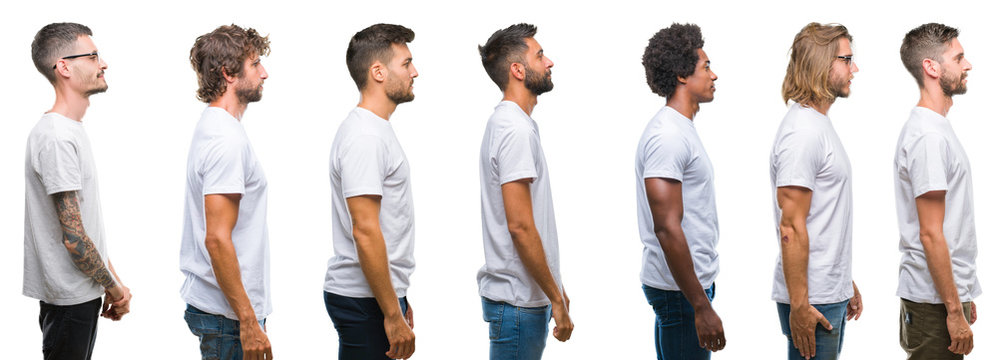 Collage of young caucasian, hispanic, afro men wearing white t-shirt over white isolated background looking to side, relax profile pose with natural face with confident smile.