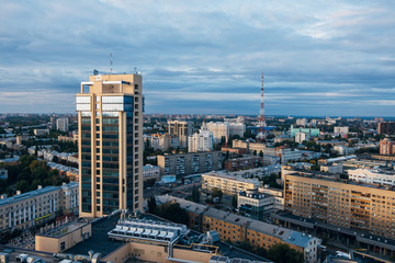 Obraz premium Aerial view of Voronezh downtown in summer evening. Modern high Business center Chizhov's gallery and TV broadcast tower