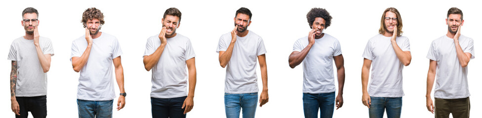 Collage of young caucasian, hispanic, afro men wearing white t-shirt over white isolated background touching mouth with hand with painful expression because of toothache or dental illness on teeth
