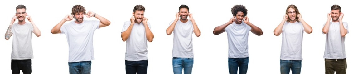 Collage of young caucasian, hispanic, afro men wearing white t-shirt over white isolated background covering ears with fingers with annoyed expression for the noise of loud music. Deaf concept.