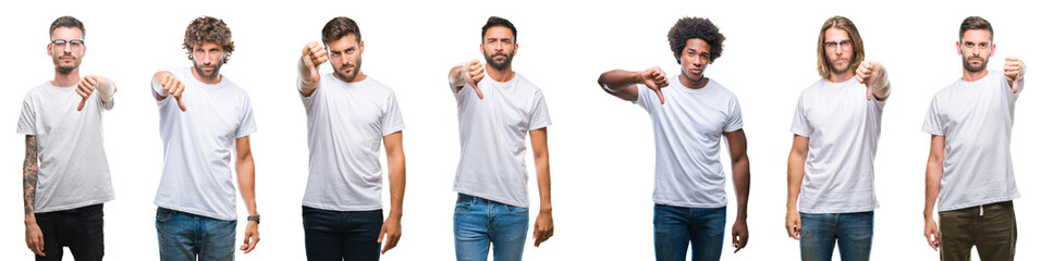Collage of young caucasian, hispanic, afro men wearing white t-shirt over white isolated background looking unhappy and angry showing rejection and negative with thumbs down gesture. Bad expression.