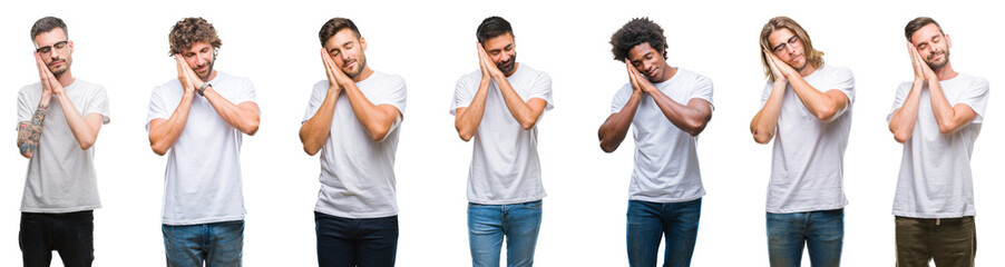 Collage of young caucasian, hispanic, afro men wearing white t-shirt over white isolated background sleeping tired dreaming and posing with hands together while smiling with closed eyes.