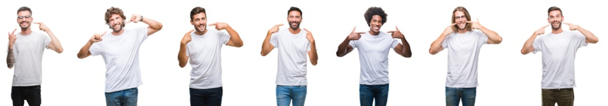 Collage of young caucasian, hispanic, afro men wearing white t-shirt over white isolated background smiling confident showing and pointing with fingers teeth and mouth. Health concept.