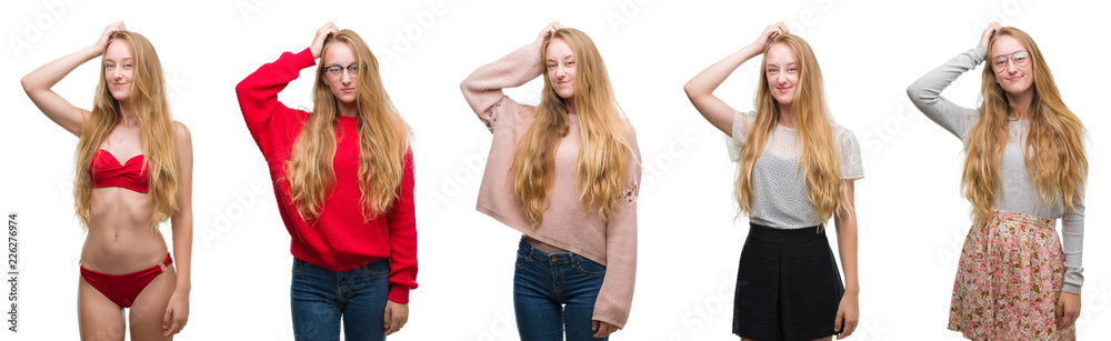 Canvas Prints Collage of young blonde girl over white isolated background confuse and wonder about question. Uncertain with doubt, thinking with hand on head. Pensive concept.