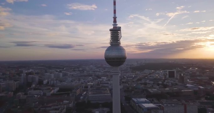 Aerial Shot of the TV Tower in Berlin, Germany. Circling Tower in a City