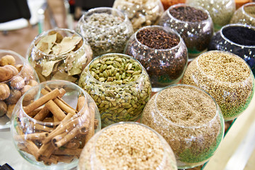 Seasoning in glass round jars in store