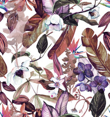 Seamless watercolor pattern with tropical flowers, magnolia, orange flower, vanilla orchid,...