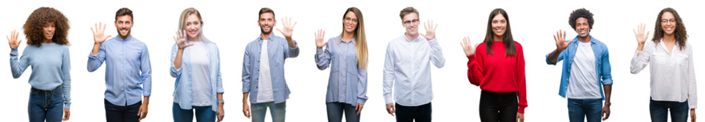 Composition of african american, hispanic and caucasian group of people over isolated white background showing and pointing up with fingers number five while smiling confident and happy.