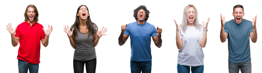 Composition of african american, hispanic and caucasian group of people over isolated white background celebrating mad and crazy for success with arms raised and closed eyes screaming excited