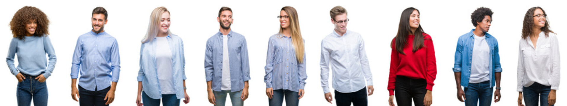 Composition Of African American, Hispanic And Caucasian Group Of People Over Isolated White Background Looking Away To Side With Smile On Face, Natural Expression. Laughing Confident.