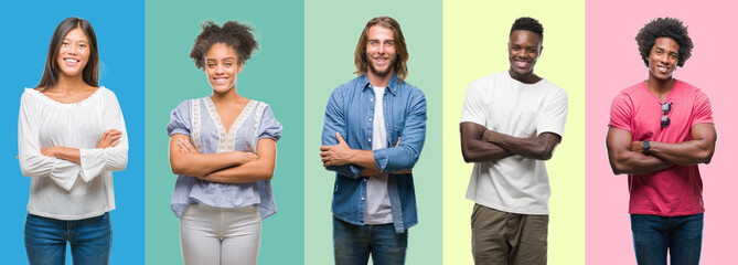 Obraz premium Composition of african american, hispanic and chinese group of people over vintage color background happy face smiling with crossed arms looking at the camera. Positive person.