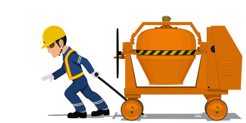 A worker is pulling the concrete mixer on transparent background