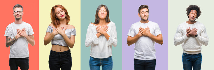 Composition of african american, hispanic and chinese group of people over vintage color background smiling with hands on chest with closed eyes and grateful gesture on face. Health concept.