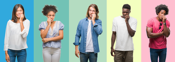 Composition of african american, hispanic and chinese group of people over vintage color background looking stressed and nervous with hands on mouth biting nails. Anxiety problem.