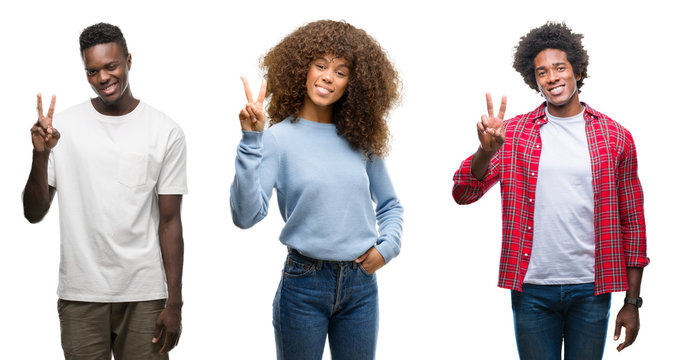 Collage of african american group of people over isolated background showing and pointing up with fingers number two while smiling confident and happy.
