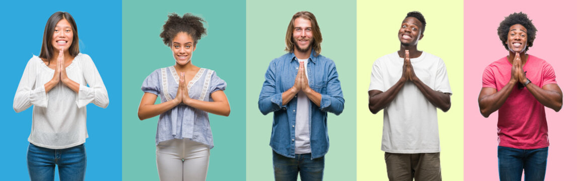 Composition of african american, hispanic and chinese group of people over vintage color background praying with hands together asking for forgiveness smiling confident.