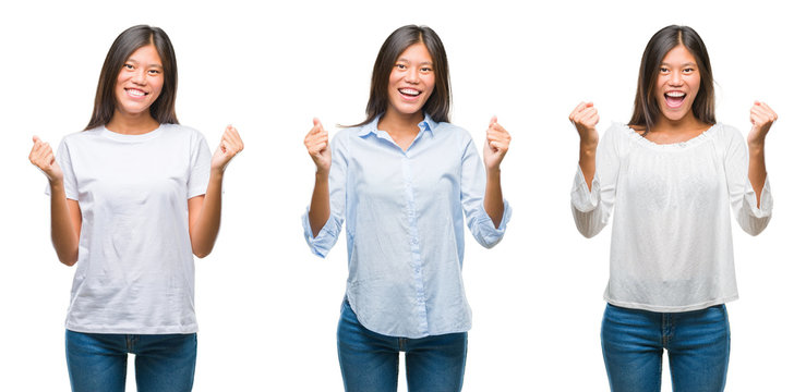 Collage of asian young woman standing over white isolated background celebrating surprised and amazed for success with arms raised and open eyes. Winner concept.