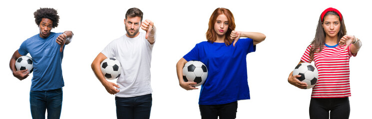 Collage of people holding football soccer ball over isolated background with angry face, negative sign showing dislike with thumbs down, rejection concept