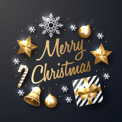 Fototapeta na wymiar Merry Christmas background with shining gold and white ornaments. Made of snowflakes, gift, candy, bells, star, christmas ball. Vector illustration 