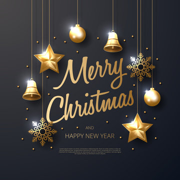Merry Christmas background with shining gold ornaments. Made of snowflakes, bells, star, christmas ball. Vector illustration 