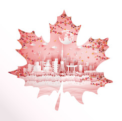 Autumn in Japan with season concept for travel postcard, poster, tour advertising of world famous landmarks of Japan in paper cut style. Vector illustration.
