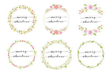 cute pastel green and pink christmas doodle flat style wreath on white background isolated with text hand written calligraphy merry christmas eps10 vector illustration