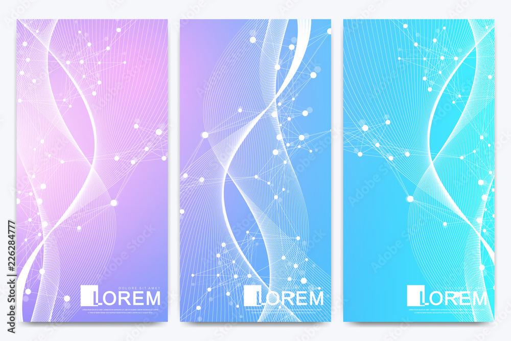 Poster Modern set of vector flyers. Molecule and communication background. Wave flow. Geometric abstract package. Connected line with dots. Golden design in trendy linear style