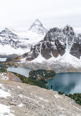 Standing on the edge of a cliff taking in the views over a blue lake