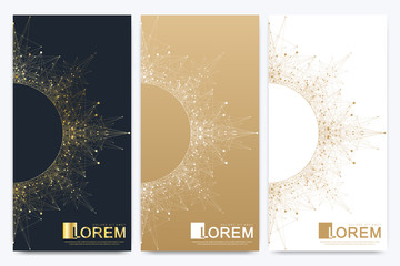 Modern set of vector flyers. Molecule and communication background. Geometric abstract golden package with mandala. Connected line with dots. Golden design in trendy linear style