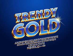 Trendy 3D Font. Vector Golden and Blue Alphabet. Luxury Letters, Numbers and Symbols.