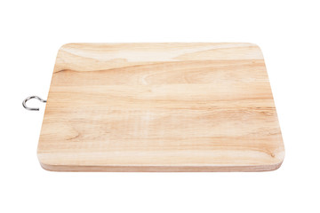 Rectangle wood cutting board with metal hook isolated on white background.Rectangle wood chopping board isolated