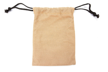 Brown sack drawstring bag packaging isolated on white background.Drawstring bag isolated