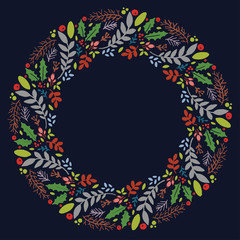 Fototapeta na wymiar Christmas Hand Drawn Wreath with Round Frame for Cards Design Vector Layout with Copyspace Can be use for Decorative Kit, Invitations, Greeting Cards, Blogs, Posters, Merry X’mas and Happy New Year.