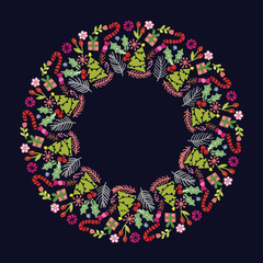 Christmas Hand Drawn Wreath with Round Frame for Cards Design Vector Layout with Copyspace Can be use for Decorative Kit, Invitations, Greeting Cards, Blogs, Posters, Merry X’mas and Happy New Year.