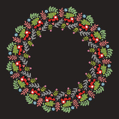 Christmas Hand Drawn Wreath with Round Frame for Cards Design Vector Layout with Copyspace Can be use for Decorative Kit, Invitations, Greeting Cards, Blogs, Posters, Merry X’mas and Happy New Year.