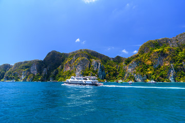Ferries and rocks, Phi Phi Don island, Andaman sea, Krabi, Thail