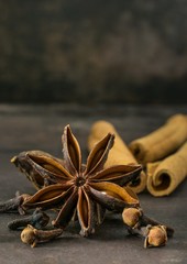 A close up of aniseed star, cinnamon sticks and cloves on a rustic background with copy space for your text
