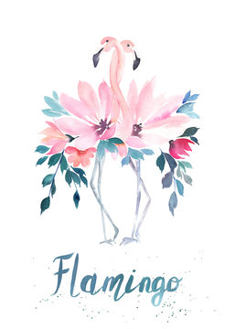 Watercolor dancing flamingos. Hand drawn floral illustration. Fashion glamour print