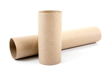 Short and long tissue paper core isolated on white background.It is two brown of toilet paper core isolated