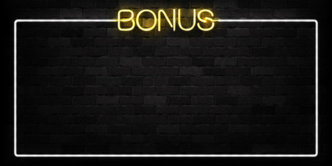 Vector realistic isolated neon sign of Bonus frame logo for decoration and covering on the wall background. Concept of jackpot and casino.
