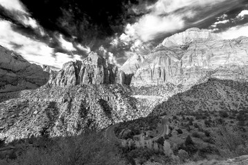 Black and white landscape of Zion National Park, Utah