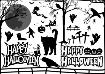 character set. halloween symbols Happy Halloween. animals. black cat. witches on a broomstick. cemetery. pumpkin. moon. inscription. the raven. bigfoot silhouettes. ghosts.