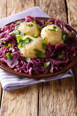 Delicious potato dumplings with stewed red cabbage close-up on a plate. vertical