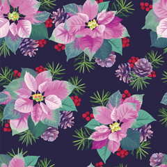 Seamless pattern of Poinsettia flowers in pink and green color with pine and berry on purple background. Vector set of Christmas elements for holiday invitations, greeting card and advertising design.