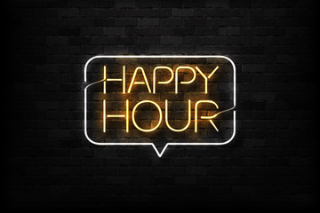 Vector realistic isolated neon sign of Happy Hour logo for decoration and covering on the wall background. Concept of night club, free drinks, bar counter and restaurant. - obrazy, fototapety, plakaty