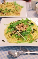 ツナ納豆ミズナのスパゲティ　パスタランチ