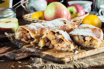 Traditional puff pastry strudel with apple